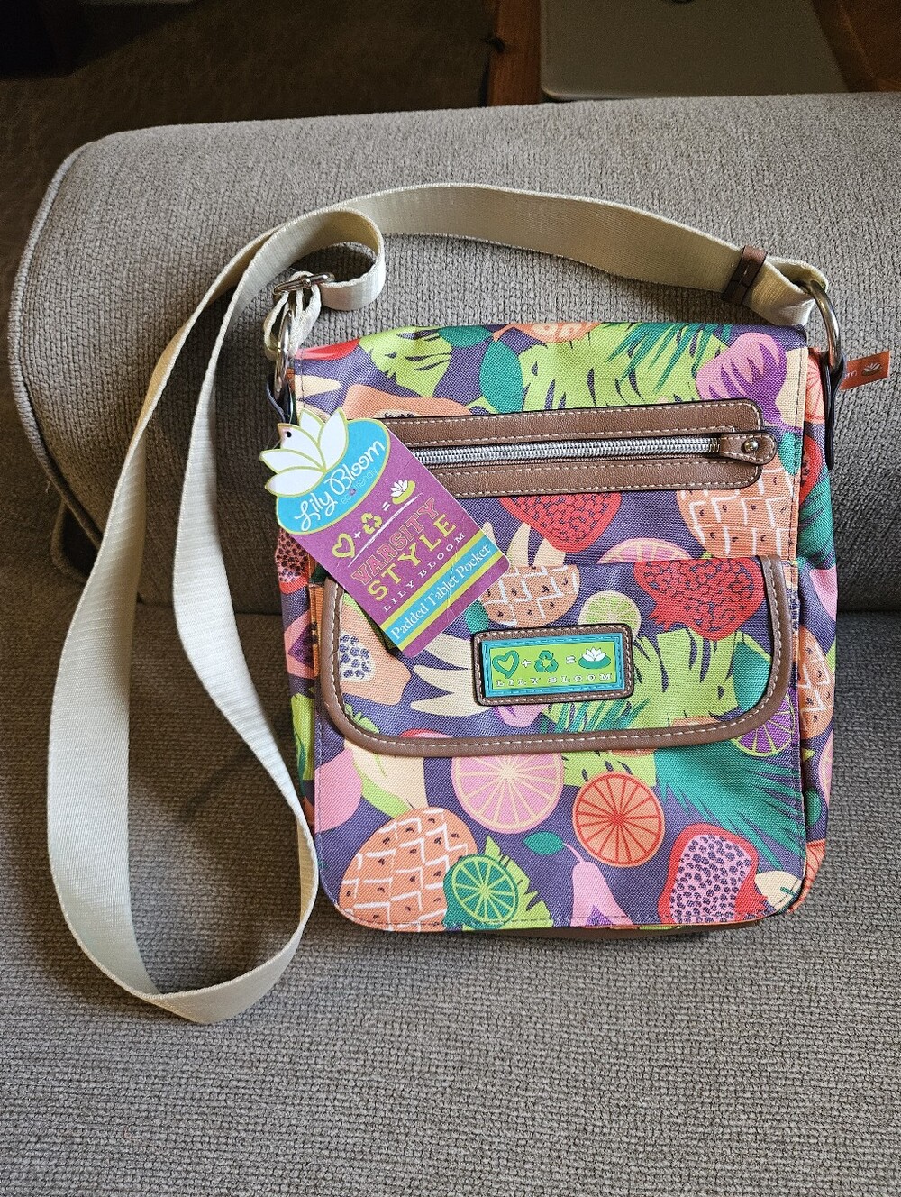 NWT Lily Bloom Tropical Fruit Pattern Varsity Style Crossbody Bag